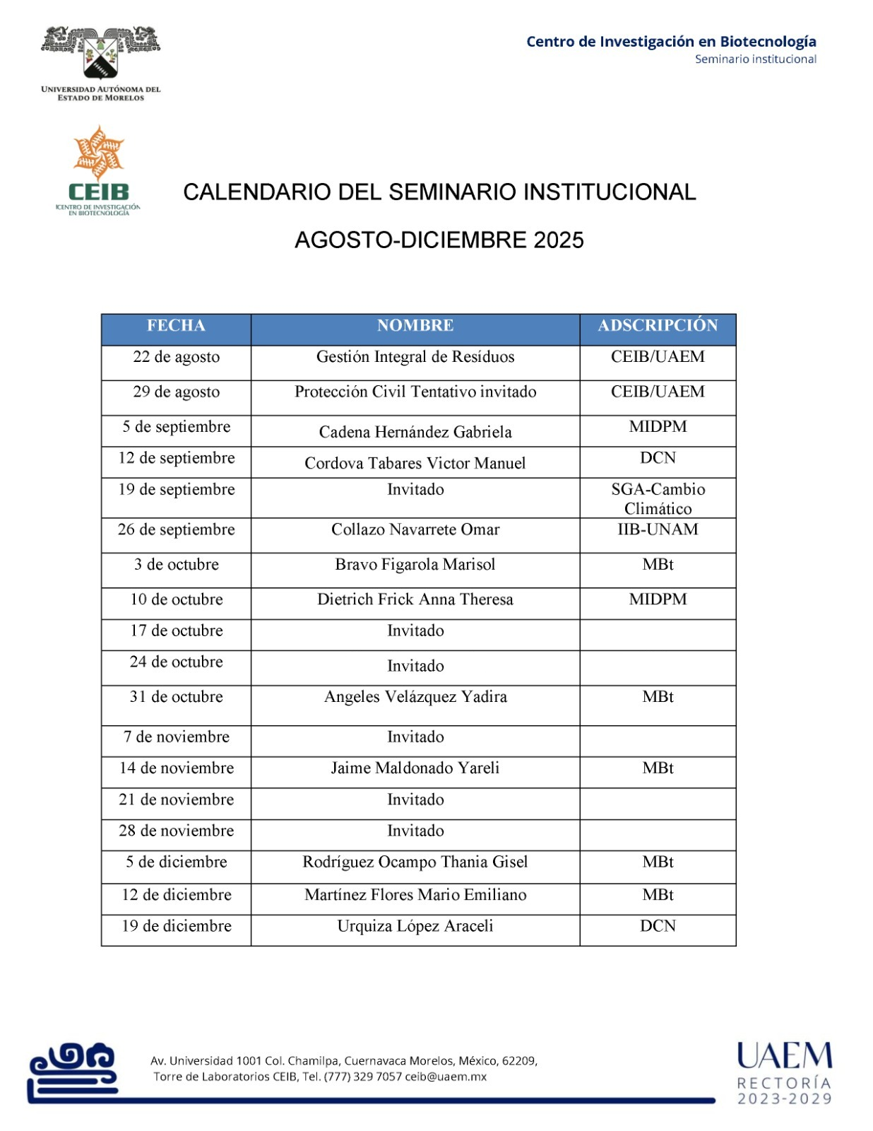 Calendario Seminario Institucional