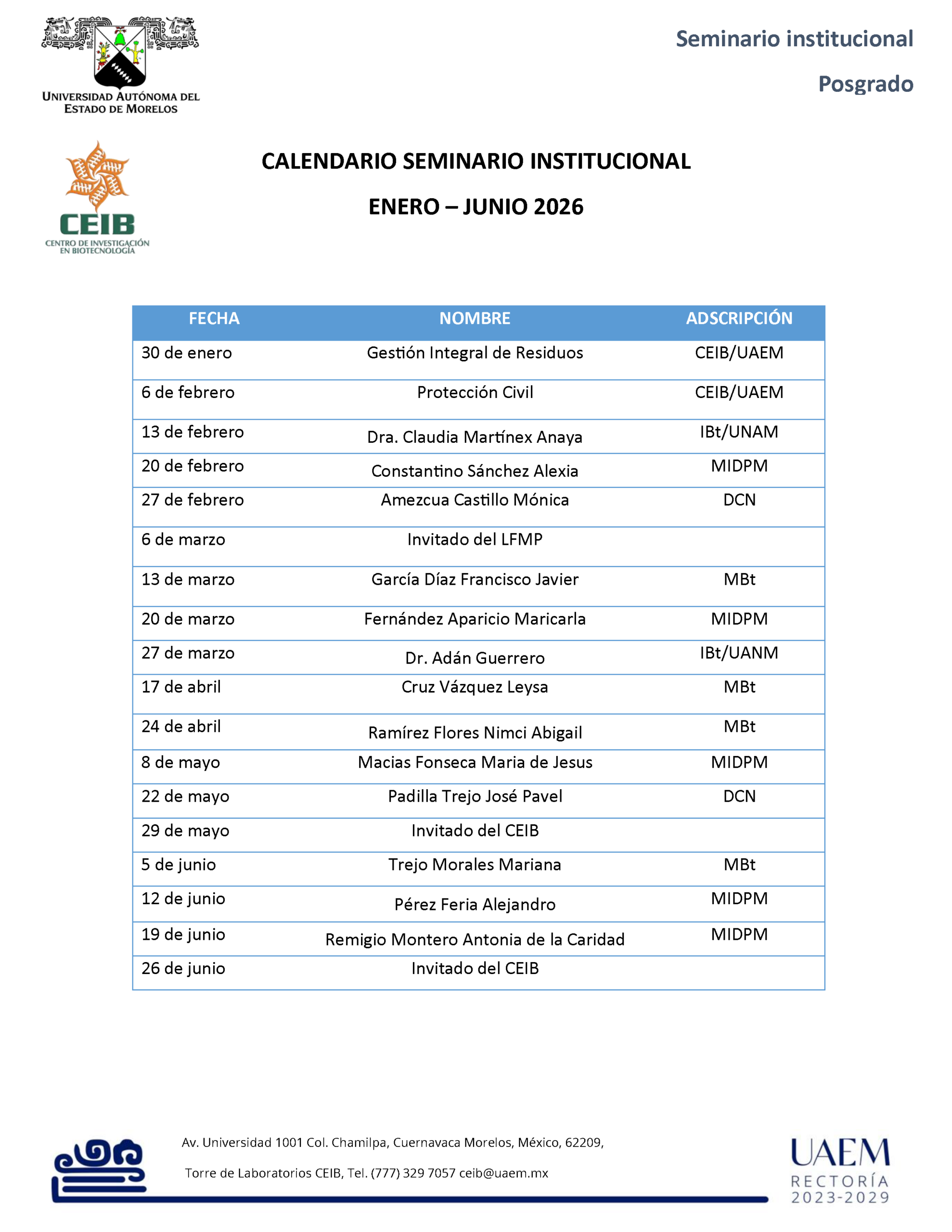 Calendario Seminario Institucional