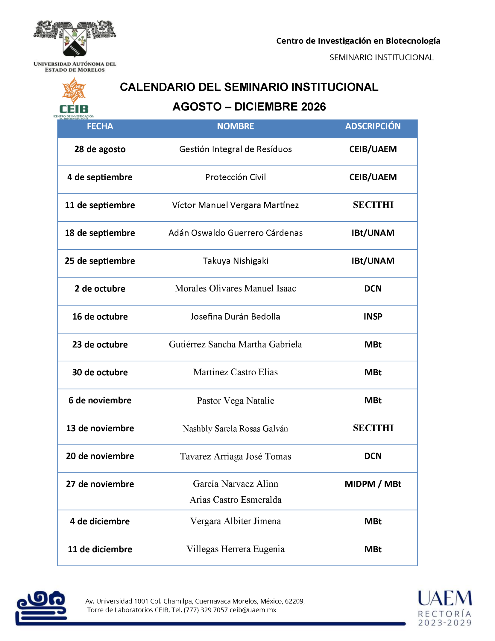 Calendario Seminario Institucional